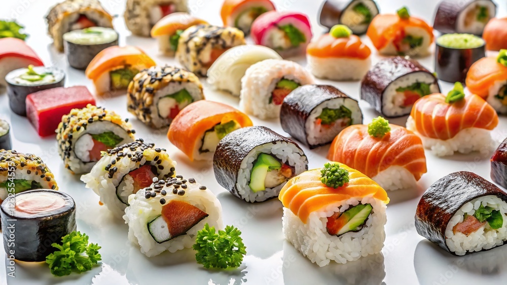 Isolated Sushi Platter: Close-up of Assorted Sushi Pieces on White Background Isolated Sushi Platter: Close-up of Assorted Sushi Pieces on White Background