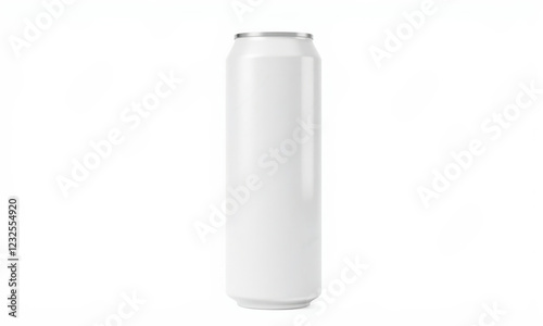 tall, blank white aluminum can stands upright against plain background, ideal for branding or product mockups. Its sleek design offers modern aesthetic