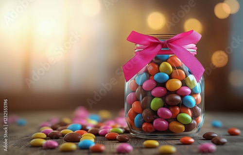 Colorful candy jar decorated with a bow on a wooden table with blurred lights...