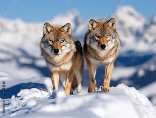 Two wolves walk through a snowy landscape, showcasing their thick fur and keen expressions against a backdrop of mountains. photo