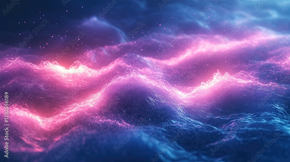 Fototapeta premium Glowing blue and pink abstract background with particles, lines, and light waves - a big data visualization concept. -