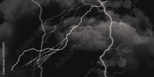 Thunder Stock Image In Black Background. Massive lightning bolt with branches isolated on black background.