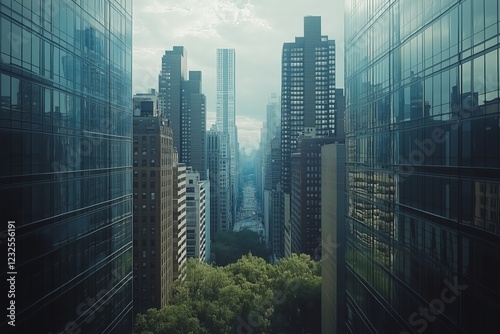 Skyline view of a bustling city with modern skyscrapers and green spaces