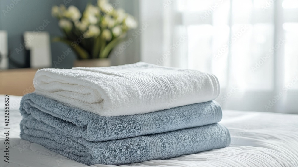 Fresh and Soft Towels Stacked on a Bed in a Bright Bedroom