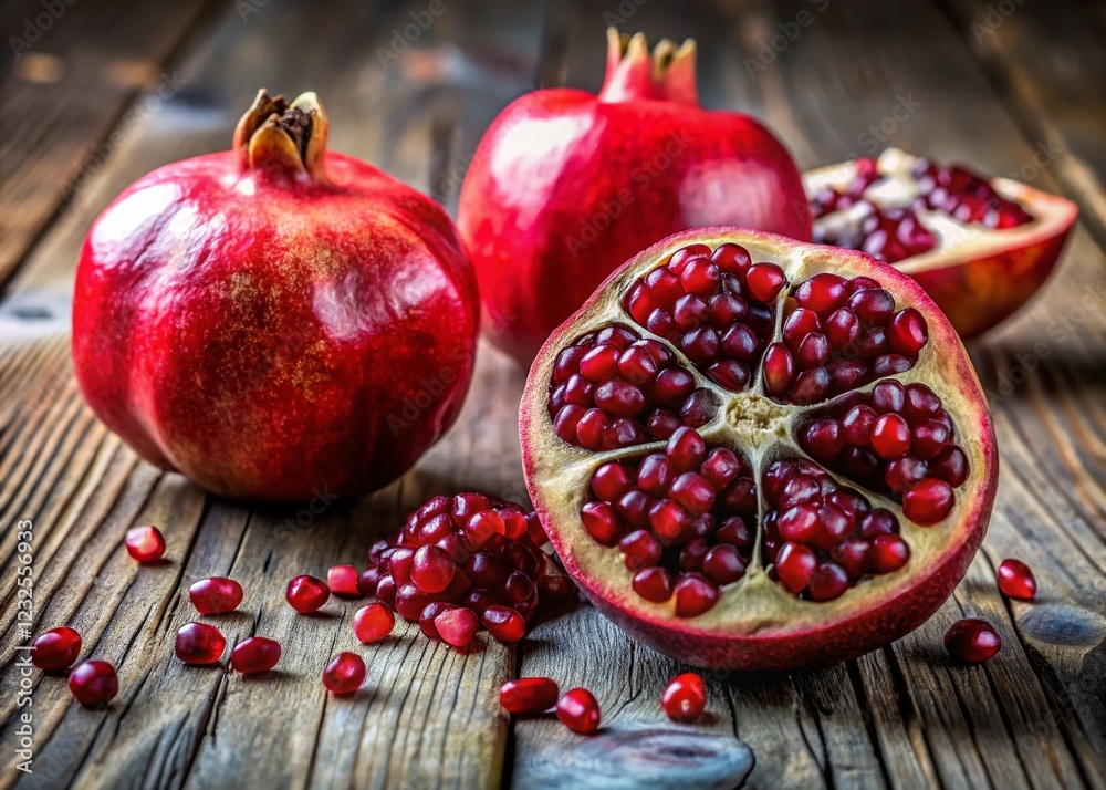 Juicy Red Pomegranate Halves on Rustic Wood – Healthy Food Stock Photo Juicy Red Pomegranate Halves on Rustic Wood – Healthy Food Stock Photo