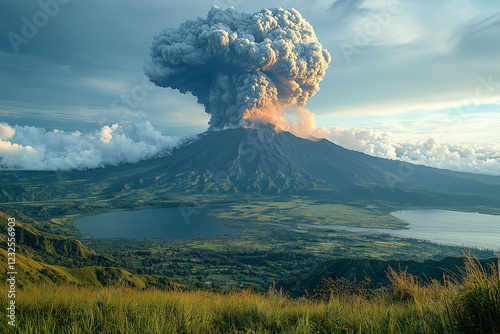 Shooting from afar of an erupting volcano lots of greenery, ash column photo