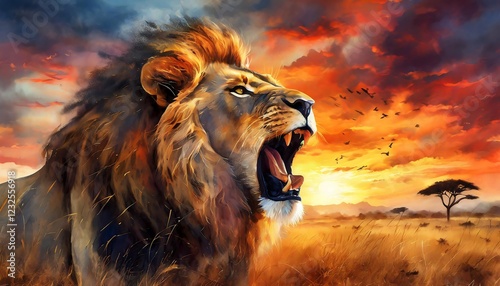 Majestic Lion Roaring at Sunset