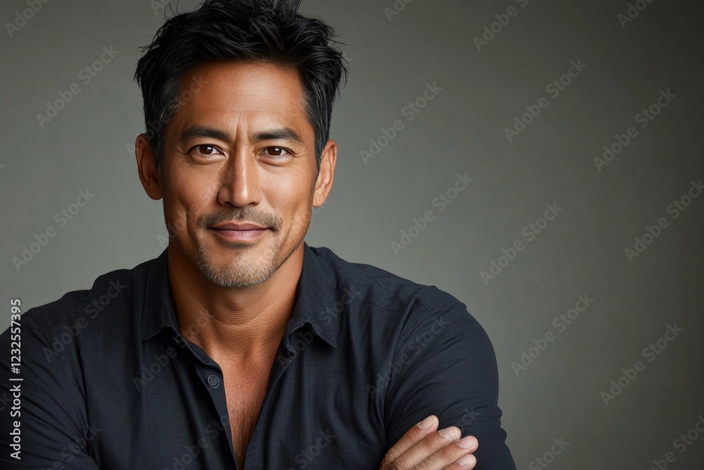 Fototapeta premium Confident man with crossed arms smiling against a neutral background in casual attire