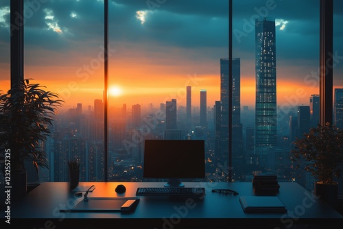 Office view of city skyline at sunset with tall buildings and vibrant sky colors