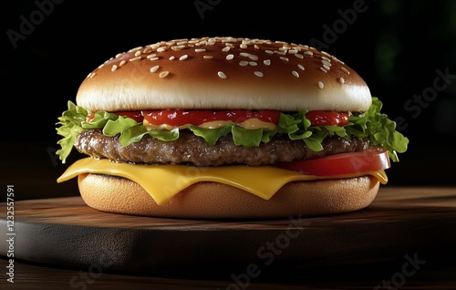 Delicious cheeseburger with fresh ingredients on a wooden board under soft li...
