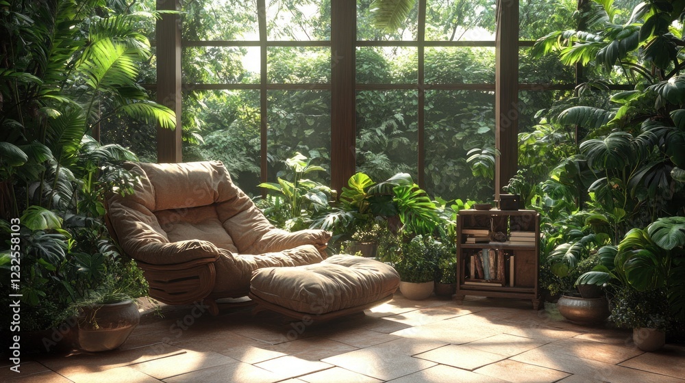 Relaxing in sunlit conservatory, lush plants, tranquil scene, home decor Relaxing in sunlit conservatory, lush plants, tranquil scene, home decor