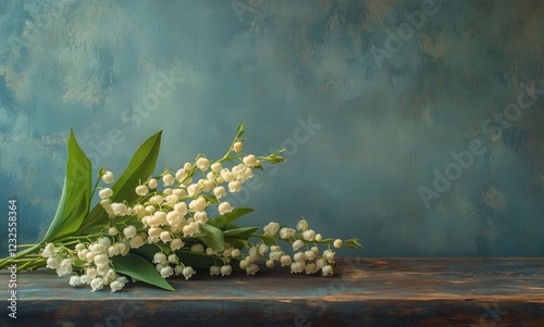 Lily of the valley bouquet on a rustic wooden table with a blue background