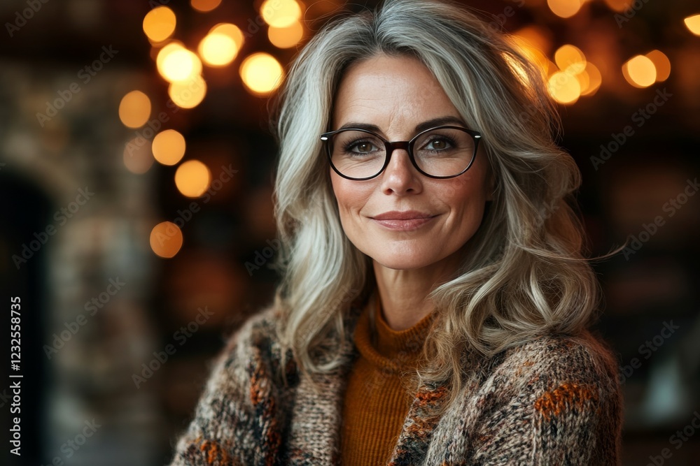 Woman with gray hair wearing glasses and cozy sweater poses with warm lights in the background during evening gathering Woman with gray hair wearing glasses and cozy sweater poses with warm lights in the background during evening gathering