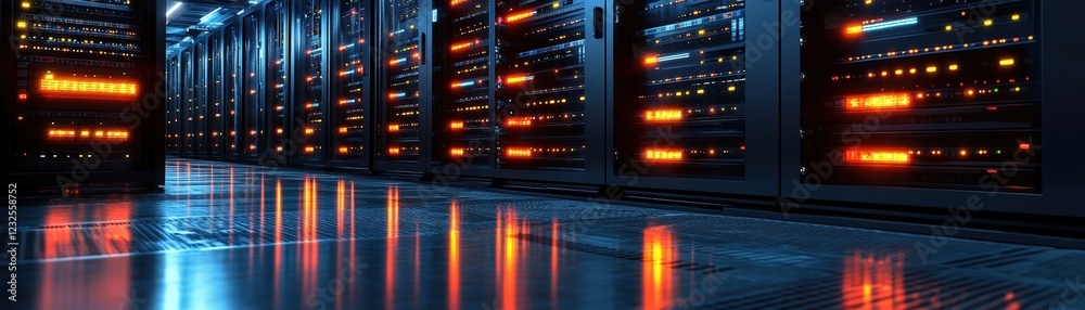 Obraz premium A row of computer servers in a data center with blinking lights and organized cabling
