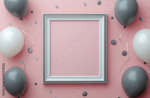 Decorated backdrop with balloons and empty frame for celebration activities