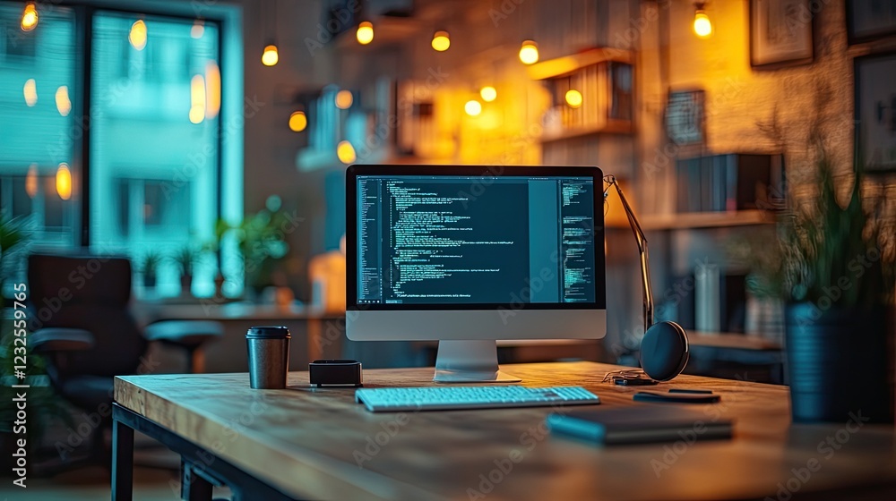 Futuristic workspace with desktop computer, wireless devices, and stylish decor. -