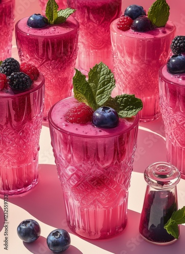 Refreshing berry smoothies in vibrant glasses with fresh fruit accents on a s...