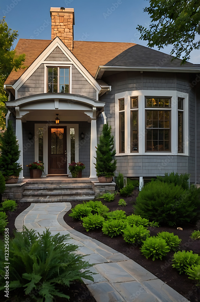 Obraz premium Luxury Gray Shingle House Exterior with Landscaped Garden and Stone Walkway