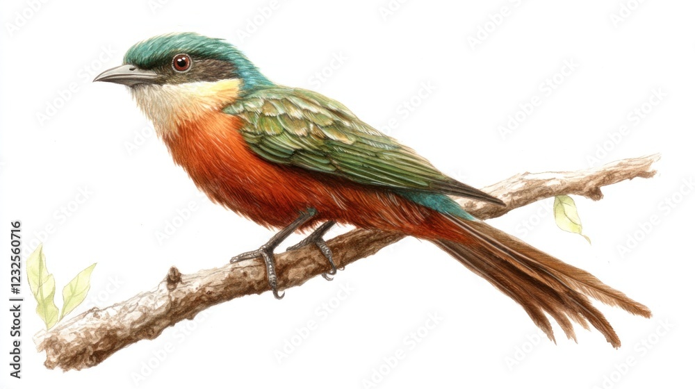 Fototapeta premium Colorful bird perched on branch, natural background, wildlife illustration