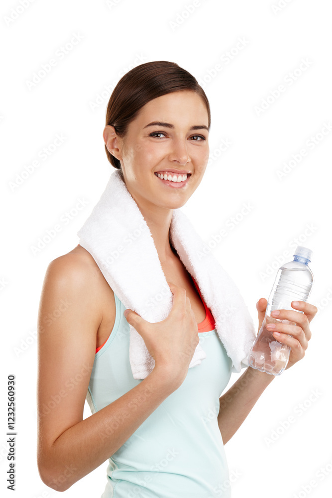 Fitness portrait, girl and water in studio for exercise break, hydration and pilates challenge. Space, person or happy athlete with sweat towel for yoga workout, sports and resting with liquid bottle Fitness portrait, girl and water in studio for exercise break, hydration and pilates challenge. Space, person or happy athlete with sweat towel for yoga workout, sports and resting with liquid bottle