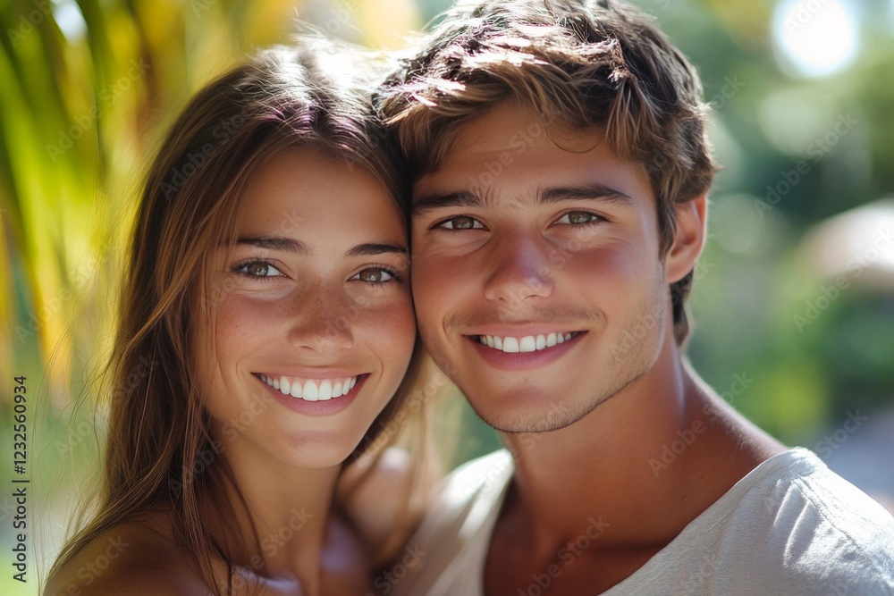 Happy couple enjoying a sunny day outdoors with smiles and vibrant greenery in the background Happy couple enjoying a sunny day outdoors with smiles and vibrant greenery in the background