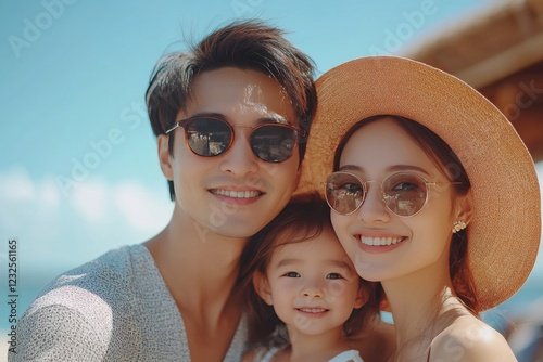 Family enjoys a sunny beach day, smiling together with sunglasses and a hat while the waves crash behind them photo