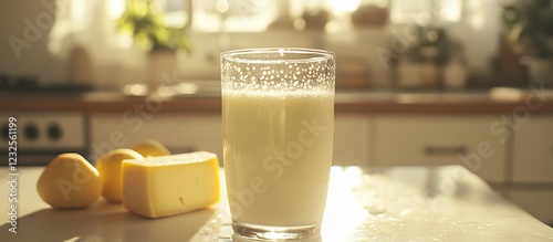 Fresh milk in a glass on a kitchen counter with butter and lemons, sunlight streaming in photo