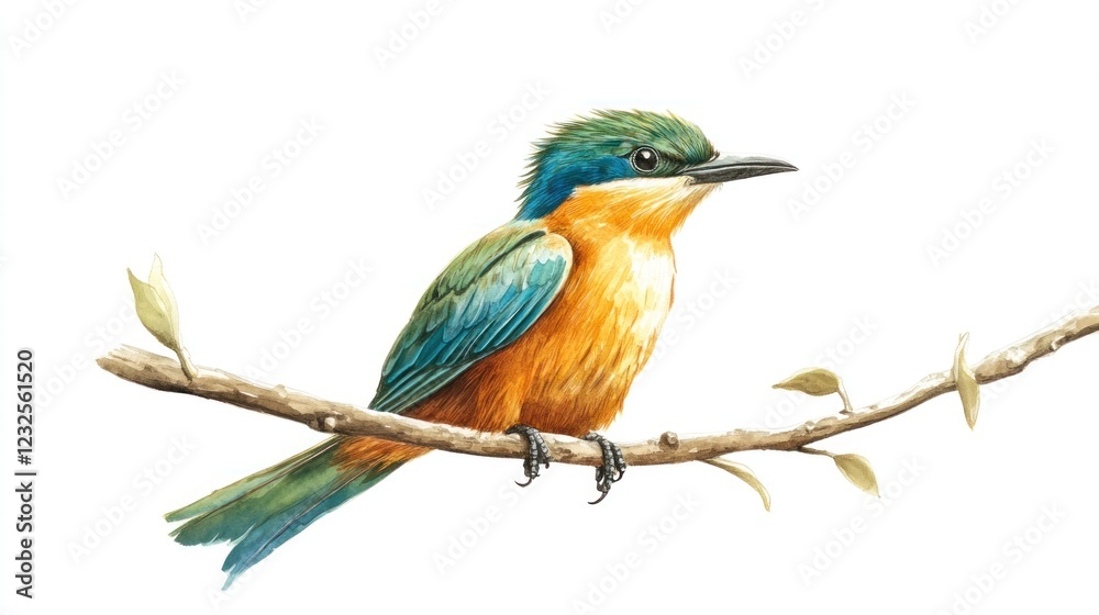 Obraz premium Colorful bird perched on branch, nature background, wildlife illustration