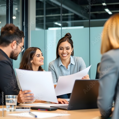 Une dirigeante hispanique donne une explication aux membres de son équipe au bureau. photo