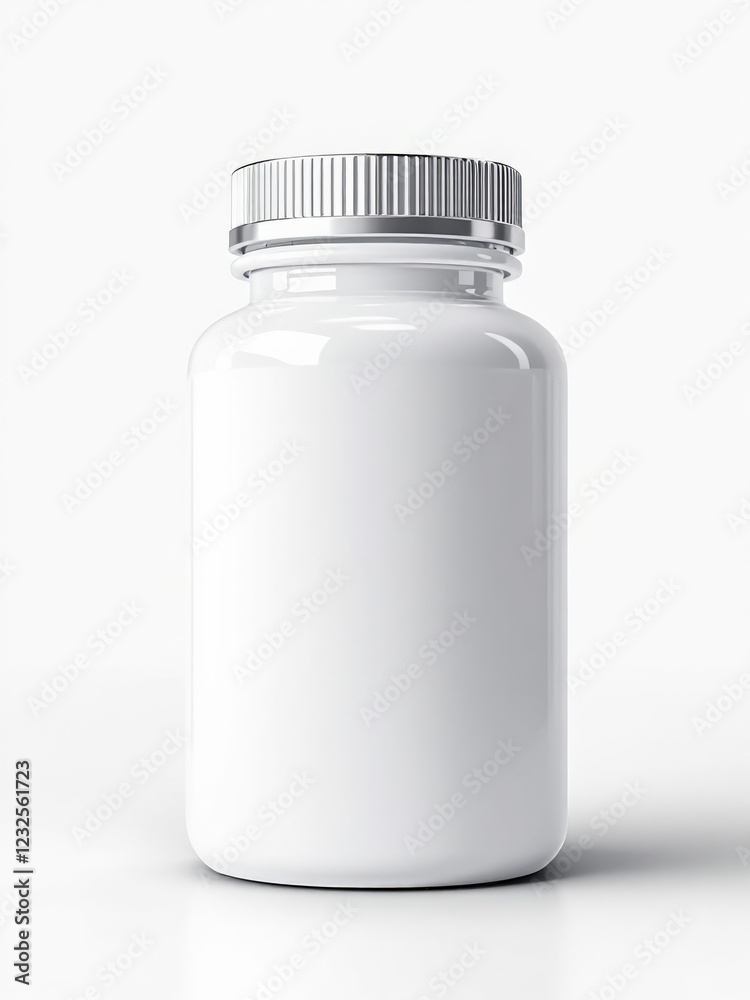 White plastic pill bottle with silver cap against white background White plastic pill bottle with silver cap against white background