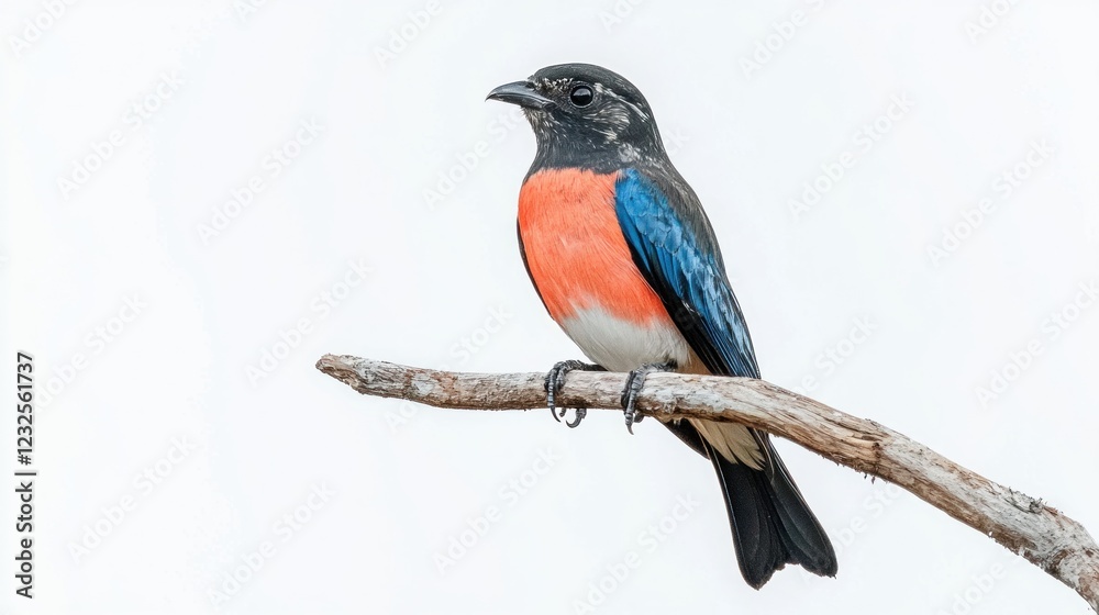 Obraz premium Colorful bird perched on branch, white background, nature photography, wildlife