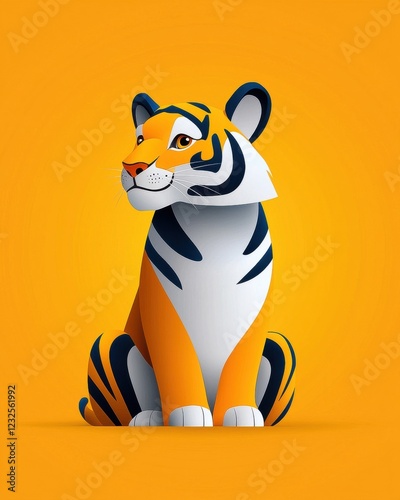 Vibrant Cartoon Tiger Perched On Light Blue Surface With Minimalist Background for Illustration or Graphics Design photo