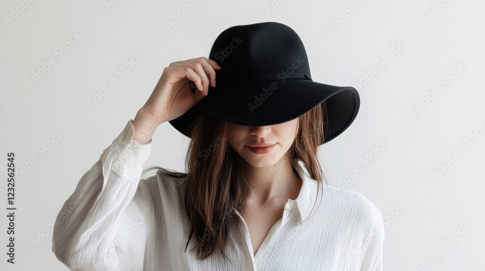 Elegant Woman with Black Hat in Soft Light Elegant Woman with Black Hat in Soft Light