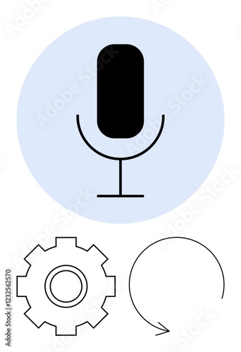 Microphone icon, gear, and circular arrow suggesting voice recording, automation, updates, or system functions. Ideal for audio tools, podcasts, apps workflow iteration voice tech abstract line