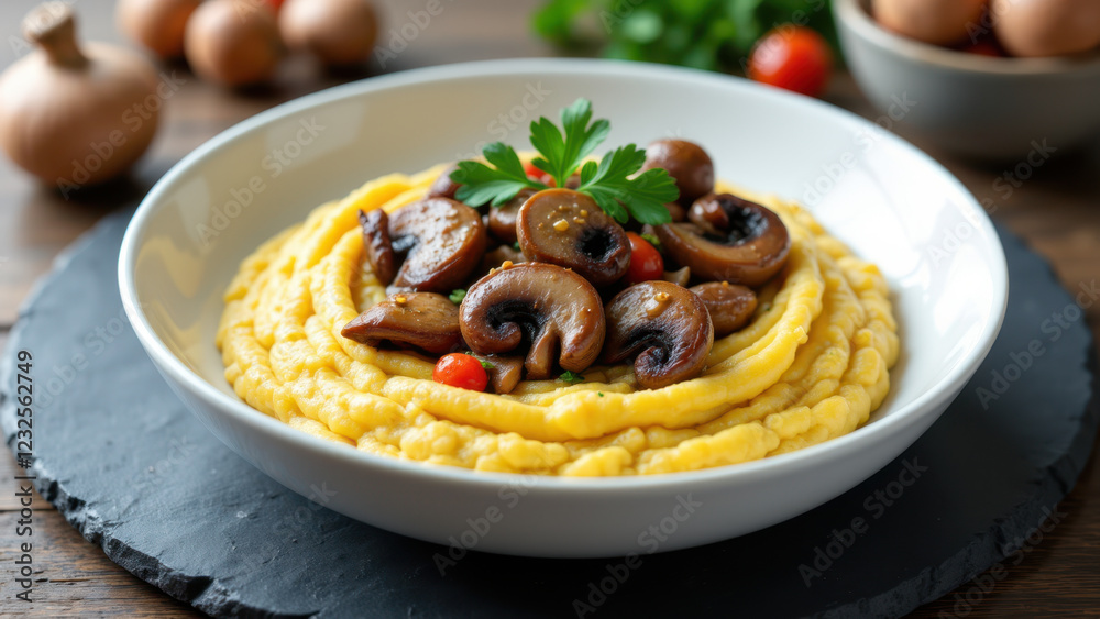 A close-up photo of a bowl filled with creamy yellow grits topped with sautéed mushrooms and garnished with parsley. A close-up photo of a bowl filled with creamy yellow grits topped with sautéed mushrooms and garnished with parsley.