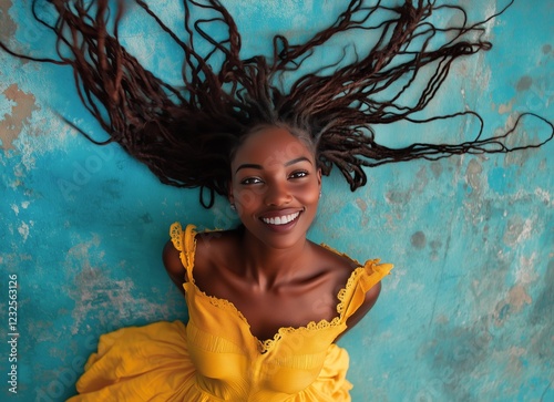 Young woman with long hair wearing yellow dress smiles on blue background