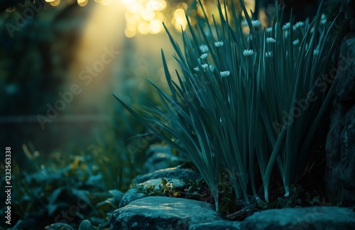 Grassy garden adorned with blooming flowers under early morning sun rays