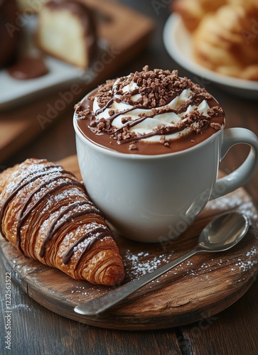 Delicious hot chocolate with whipped cream and a croissant on a rustic wooden...