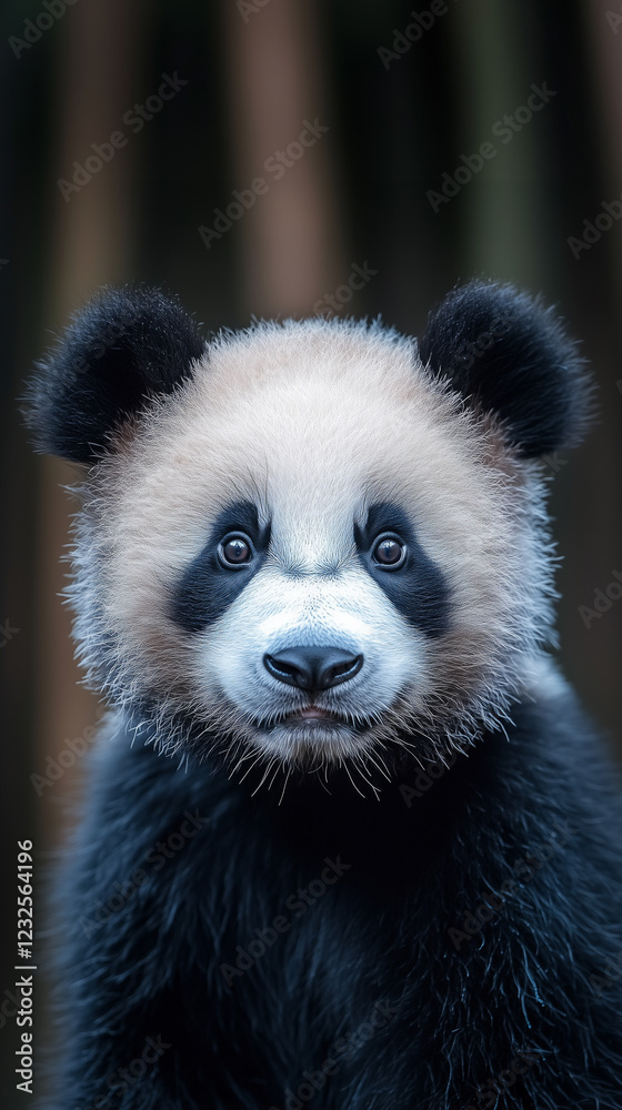 Fototapeta premium Captivating glimpse of a young panda bear in a serene forest setting with soft lighting. Generative AI
