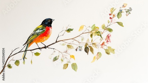 Colorful bird perched on flowering branch, spring garden background, nature illustration photo