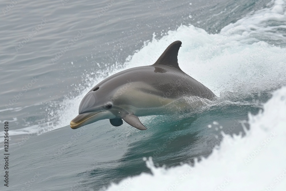Fototapeta premium Dolphin leaps gracefully above ocean waves near coastal waters during daytime