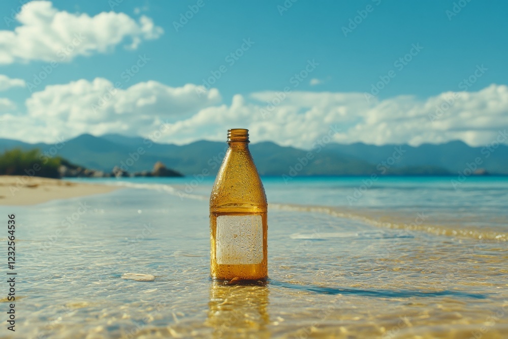 Bottle washed ashore on a tranquil beach with mountains in the background during a sunny day Bottle washed ashore on a tranquil beach with mountains in the background during a sunny day