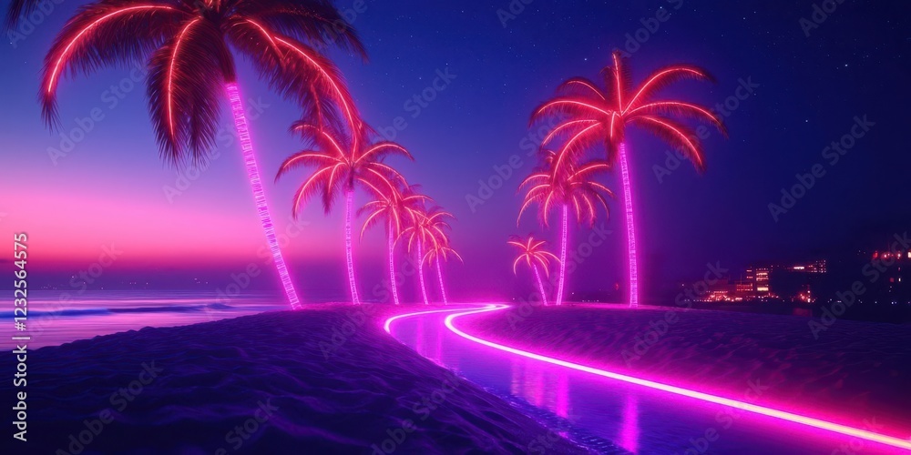 Fototapeta premium Vibrant neon palm trees along a serene beach at twilight.