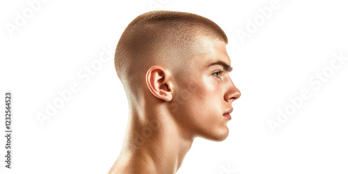 Profile view of young male with buzz cut hairstyle isolated on transparent background