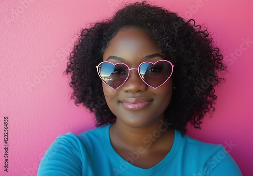 Woman with heart-shaped sunglasses poses against a vibrant pink wall at a cas...