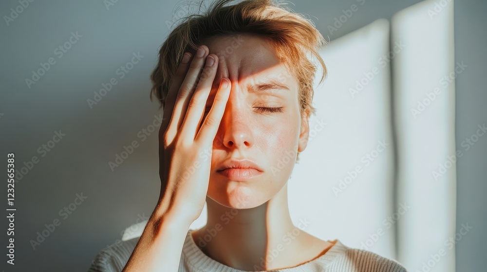 Fototapeta premium Woman with hand on forehead in soft sunlight