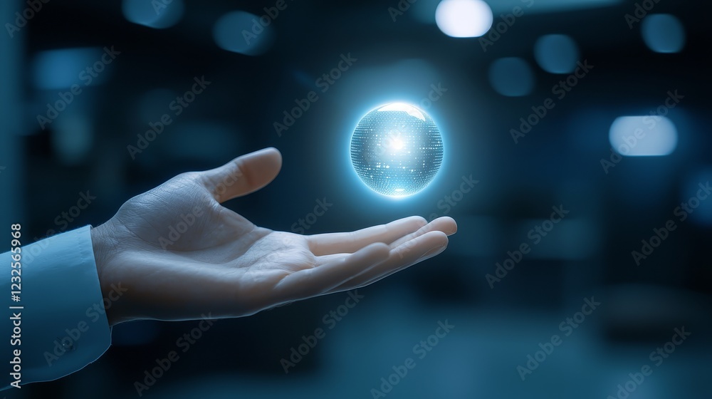 A hand holding small globe, symbol of global awareness and interconnectedness A hand holding small globe, symbol of global awareness and interconnectedness