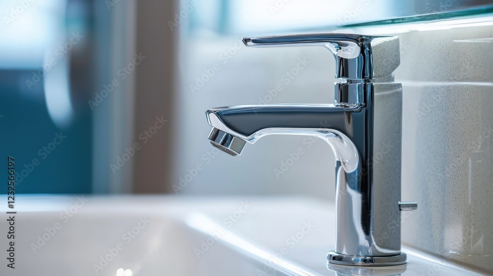 Modern Chrome Faucet on a Sleek Bathroom Sink with Soft Lighting Modern Chrome Faucet on a Sleek Bathroom Sink with Soft Lighting