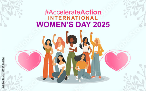 Accelerate Action Campaign Pose - International Women's Day 2025. A bold vector banner showcasing diverse women united against discrimination, symbolizing global activism for gender equality and women