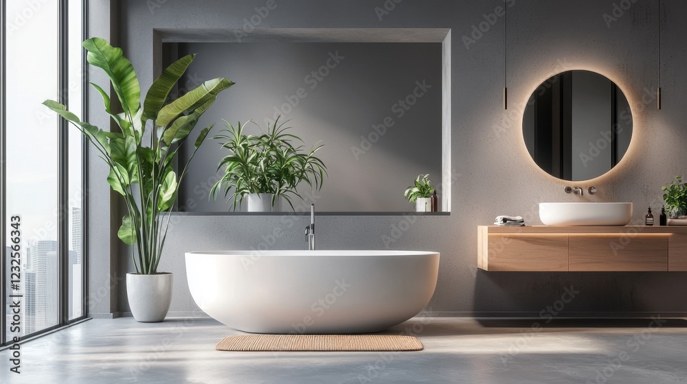Fototapeta premium Modern Bathroom Design with Bathtub and Indoor Plants for Relaxation